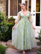 V-neck Embroidery Ankle Length Tulle Corset Floral Wedding Guest Dress - Curvevia