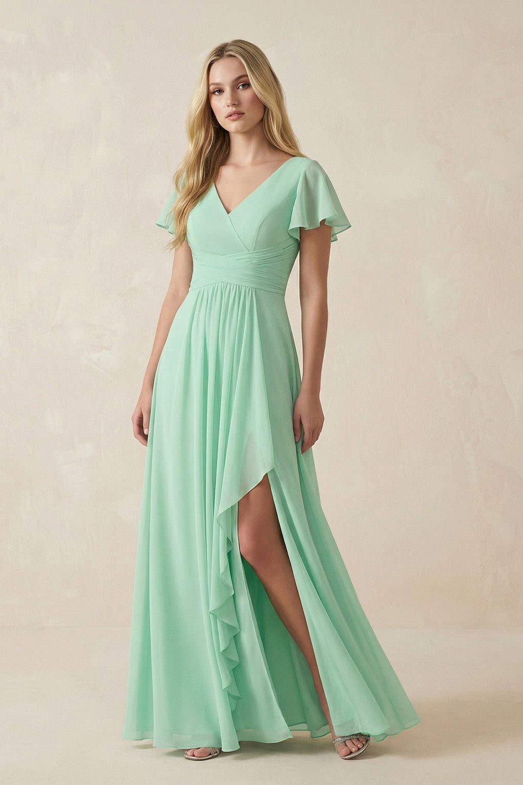 V-Neck Flutter Sleeve A-Line Chiffon Bridesmaid Dress in Pale Pistachio - Curvevia