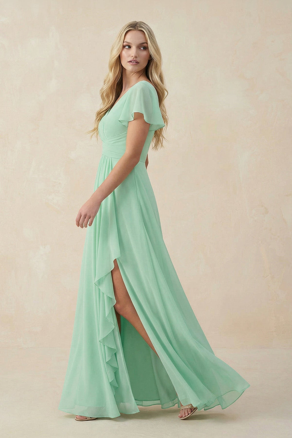 V-Neck Flutter Sleeve A-Line Chiffon Bridesmaid Dress in Pale Pistachio - Curvevia