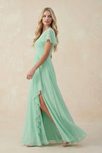 V-Neck Flutter Sleeve A-Line Chiffon Bridesmaid Dress in Pale Pistachio - Curvevia