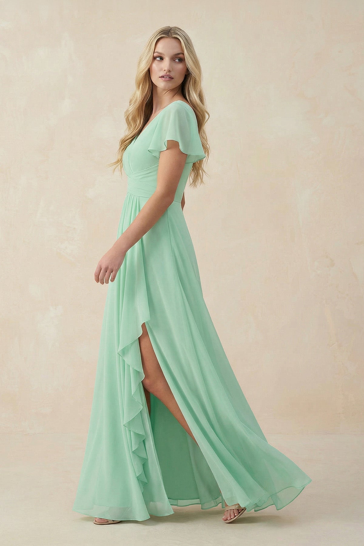 V-Neck Flutter Sleeve A-Line Chiffon Bridesmaid Dress in Pale Pistachio - Curvevia
