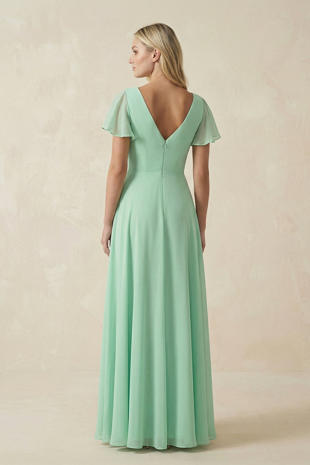 V-Neck Flutter Sleeve A-Line Chiffon Bridesmaid Dress in Pale Pistachio - Curvevia