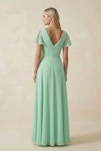 V-Neck Flutter Sleeve A-Line Chiffon Bridesmaid Dress in Pale Pistachio - Curvevia