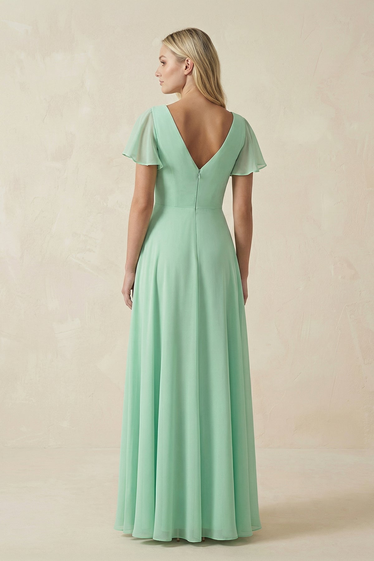 V-Neck Flutter Sleeve A-Line Chiffon Bridesmaid Dress in Pale Pistachio - Curvevia