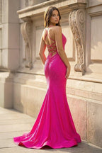 Mermaid V Neck Glitter Satin Evening Dress - Curvevia