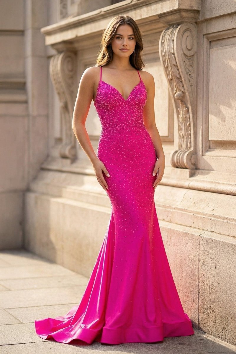 Mermaid V Neck Glitter Satin Evening Dress - Curvevia