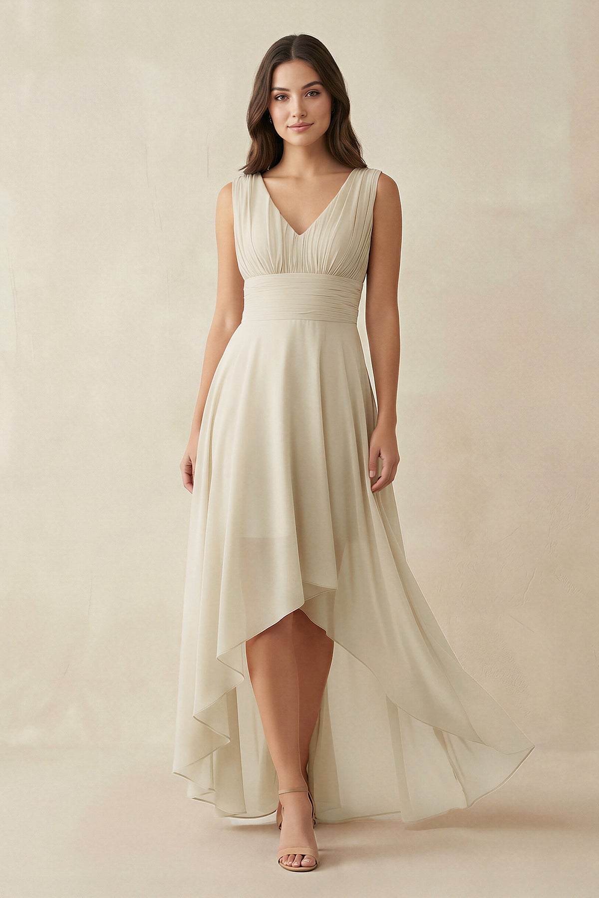 V-Neck High-Low Chiffon Bridesmaid Dress in Champagne - Curvevia