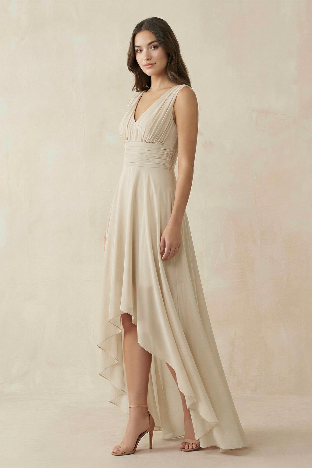 V-Neck High-Low Chiffon Bridesmaid Dress in Champagne - Curvevia