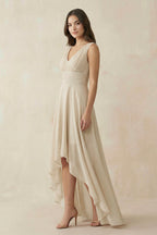 V-Neck High-Low Chiffon Bridesmaid Dress in Champagne - Curvevia