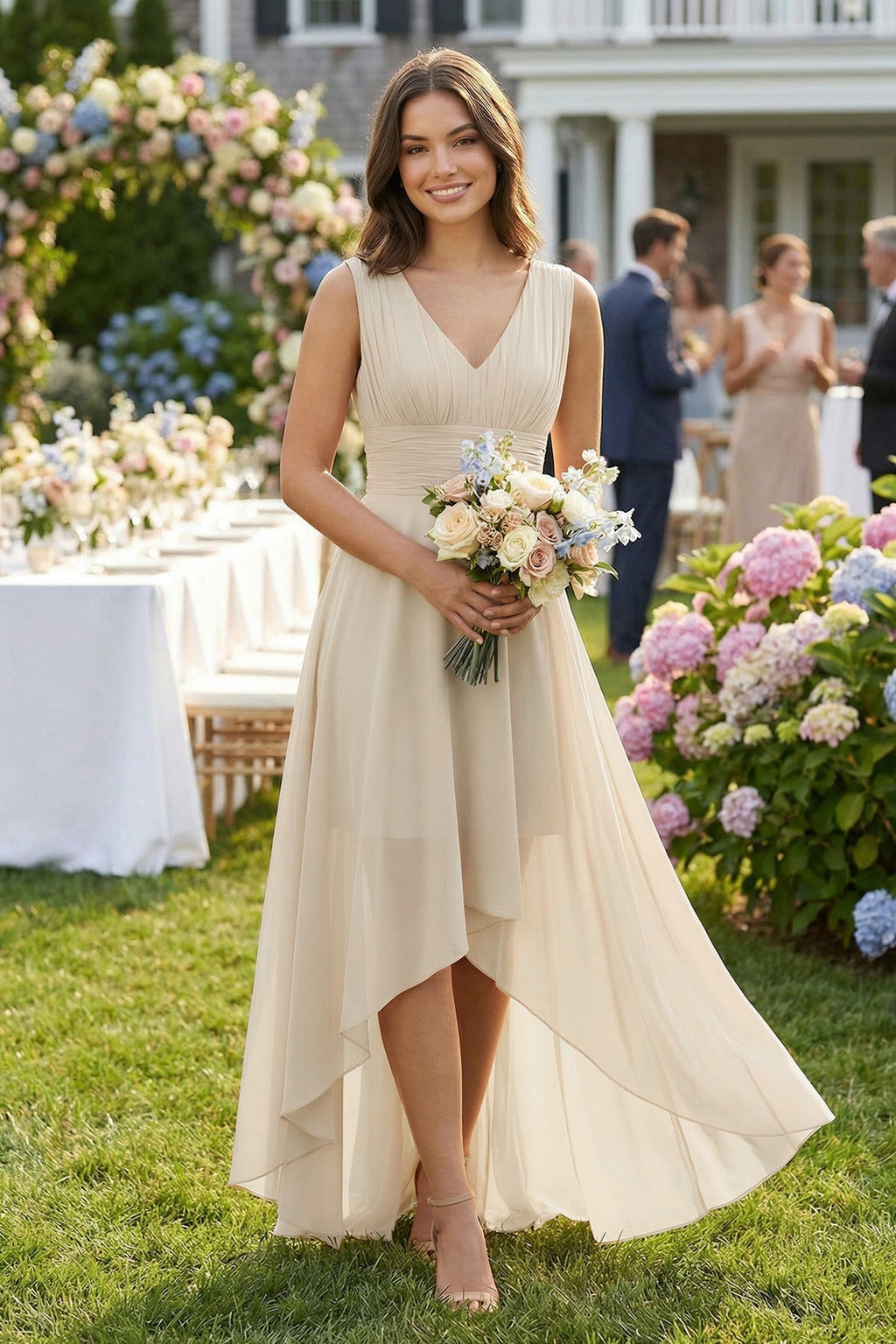 V-Neck High-Low Chiffon Bridesmaid Dress in Champagne - Curvevia