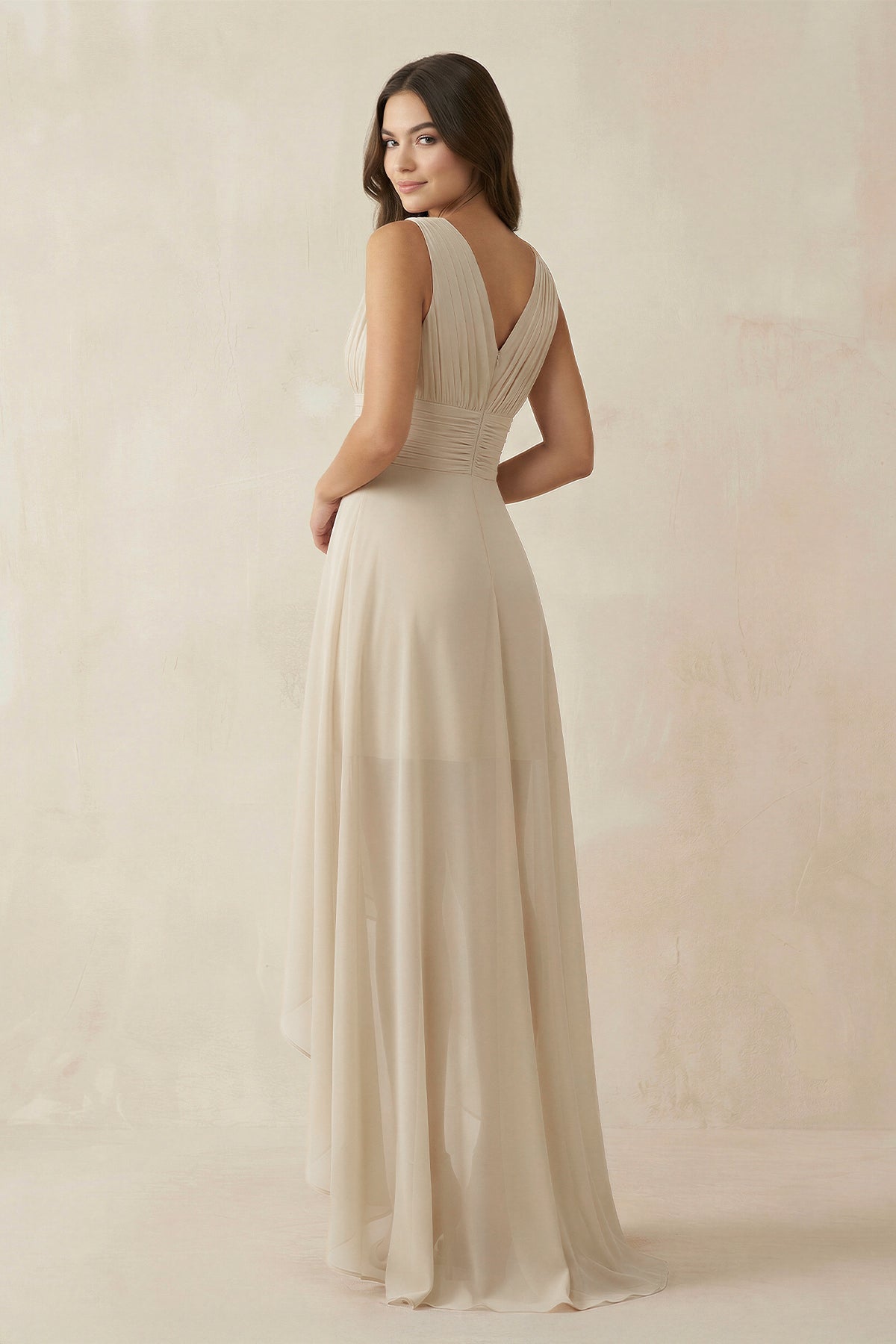 V-Neck High-Low Chiffon Bridesmaid Dress in Champagne - Curvevia