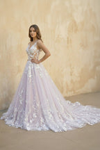 Light Purple Sleeveless A Line V-Neck Lace Wedding Dresses - Curvevia