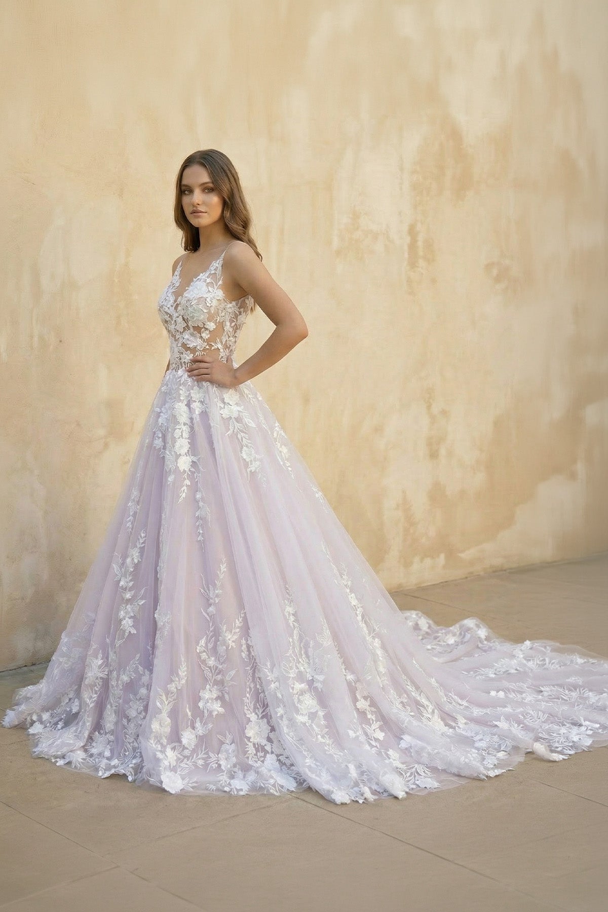 Light Purple Sleeveless A Line V-Neck Lace Wedding Dresses - Curvevia