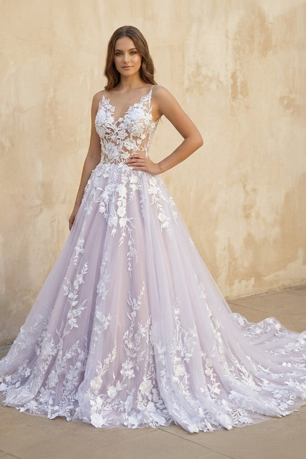 Light Purple Sleeveless A Line V-Neck Lace Wedding Dresses - Curvevia