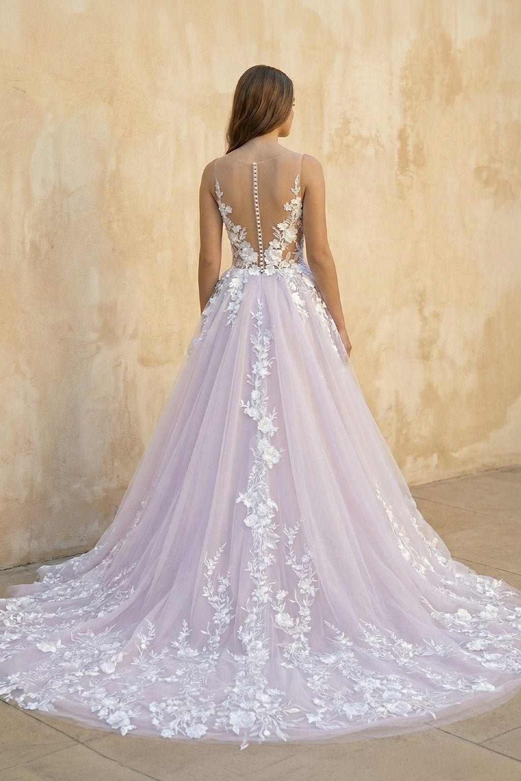 Light Purple Sleeveless A Line V-Neck Lace Wedding Dresses - Curvevia