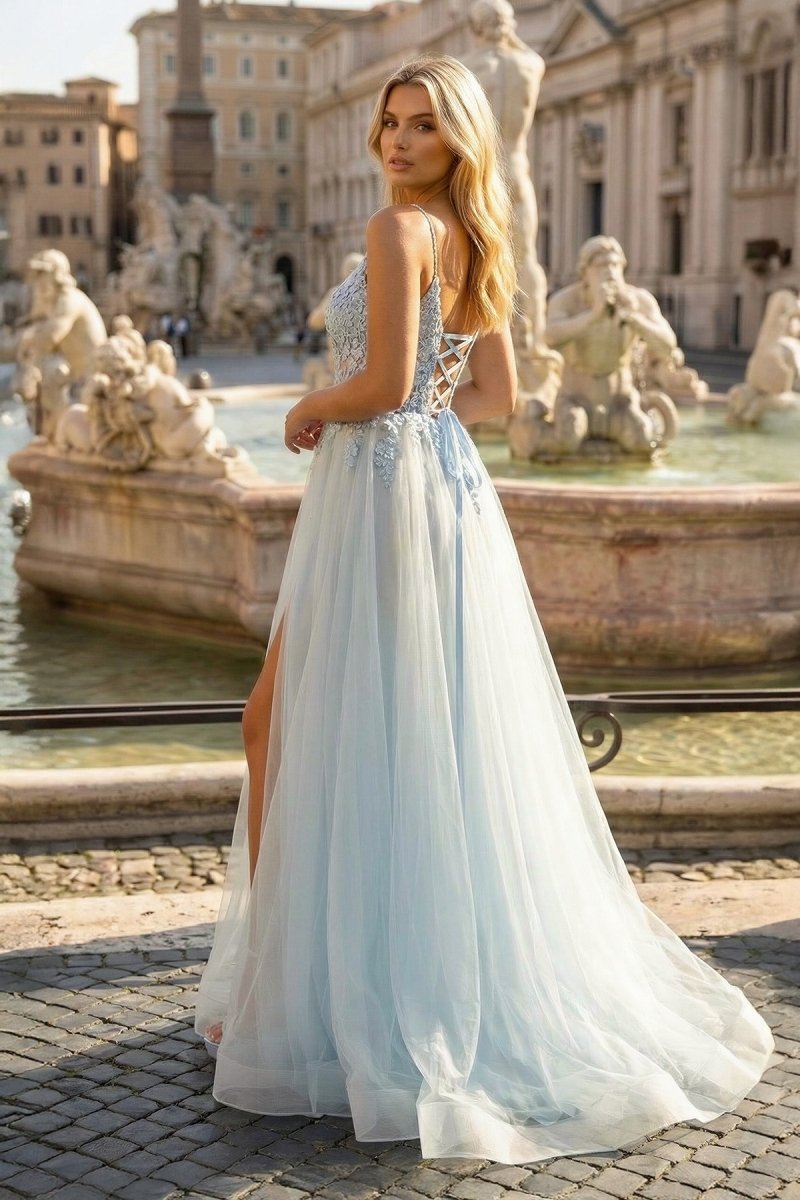 V-Neck Lace-Up Appliques Tulle A-Line Wedding Guest Dress - Curvevia