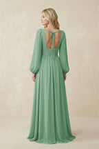 V-Neck Long Sleeve A-Line Chiffon Bridesmaid Dress in Sea Glass - Curvevia