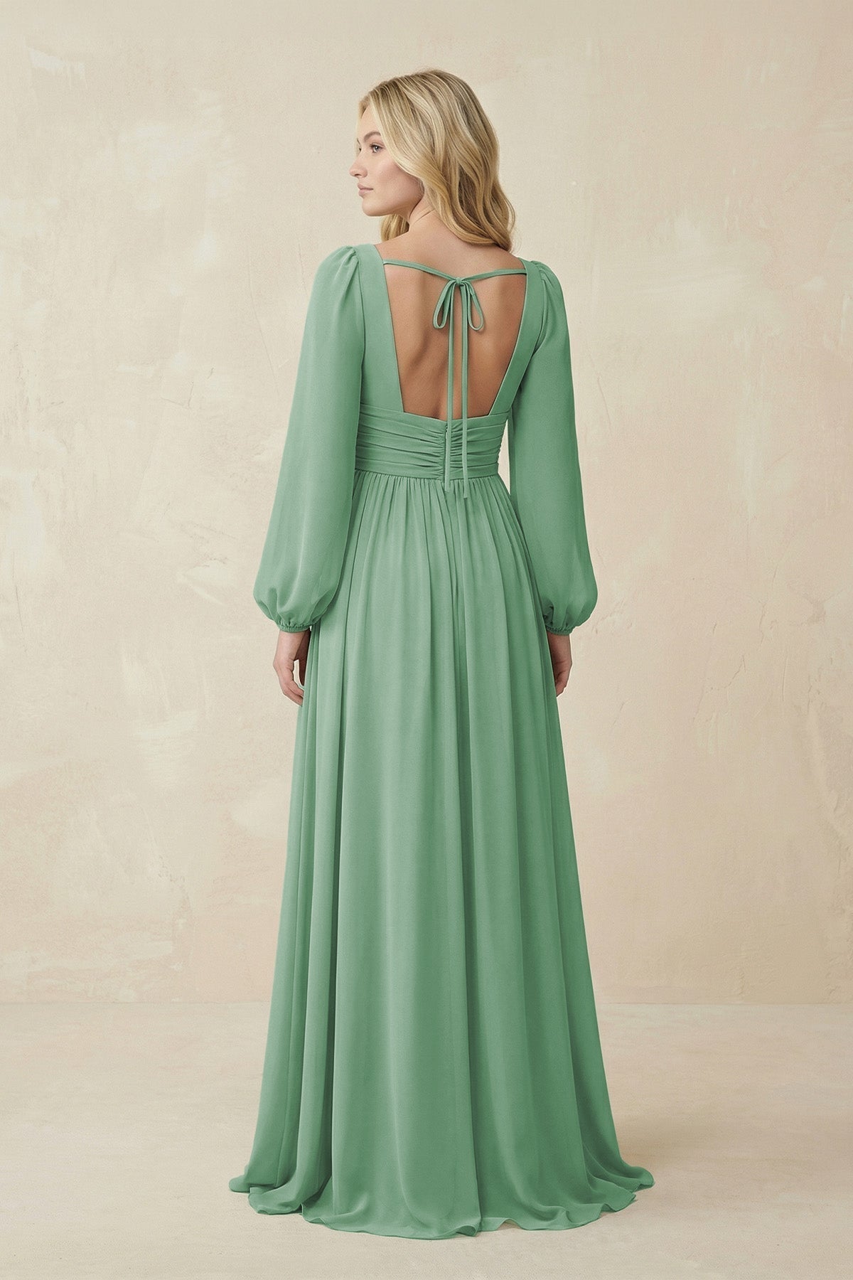 V-Neck Long Sleeve A-Line Chiffon Bridesmaid Dress in Sea Glass - Curvevia