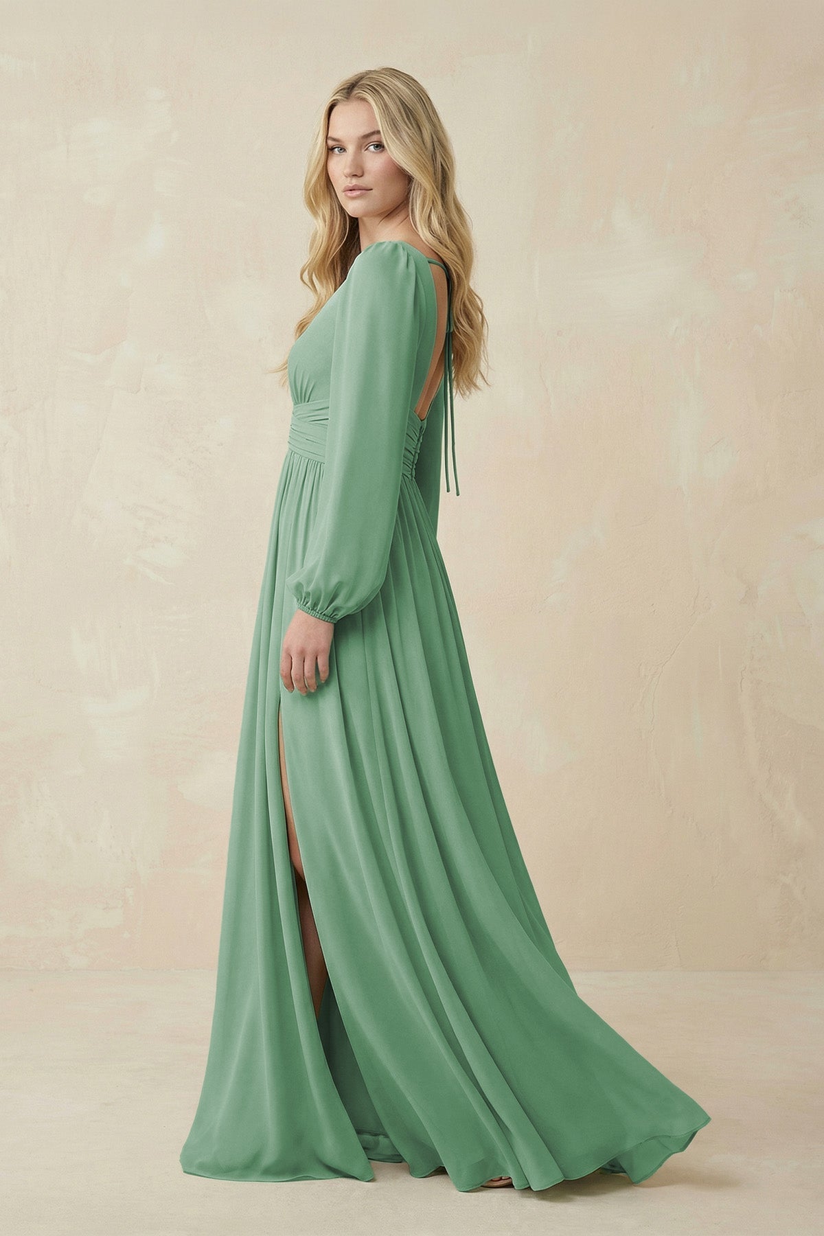 V-Neck Long Sleeve A-Line Chiffon Bridesmaid Dress in Sea Glass - Curvevia