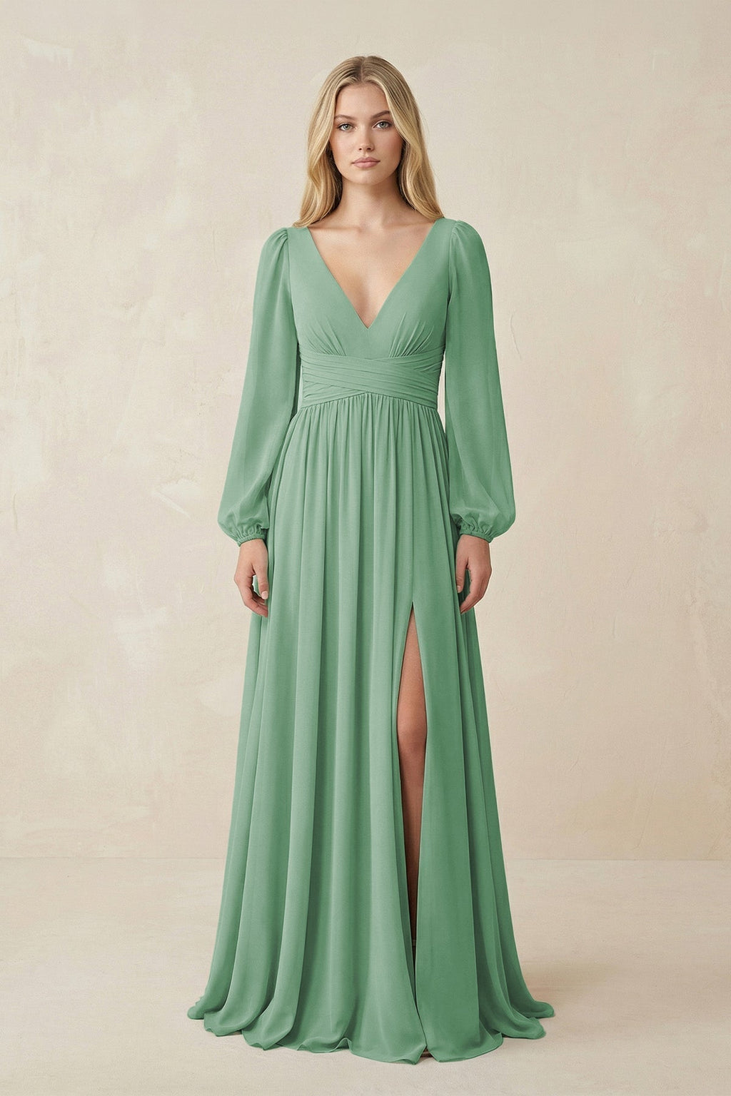 V-Neck Long Sleeve A-Line Chiffon Bridesmaid Dress in Sea Glass - Curvevia