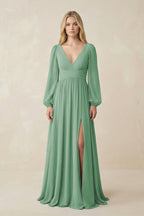 V-Neck Long Sleeve A-Line Chiffon Bridesmaid Dress in Sea Glass - Curvevia