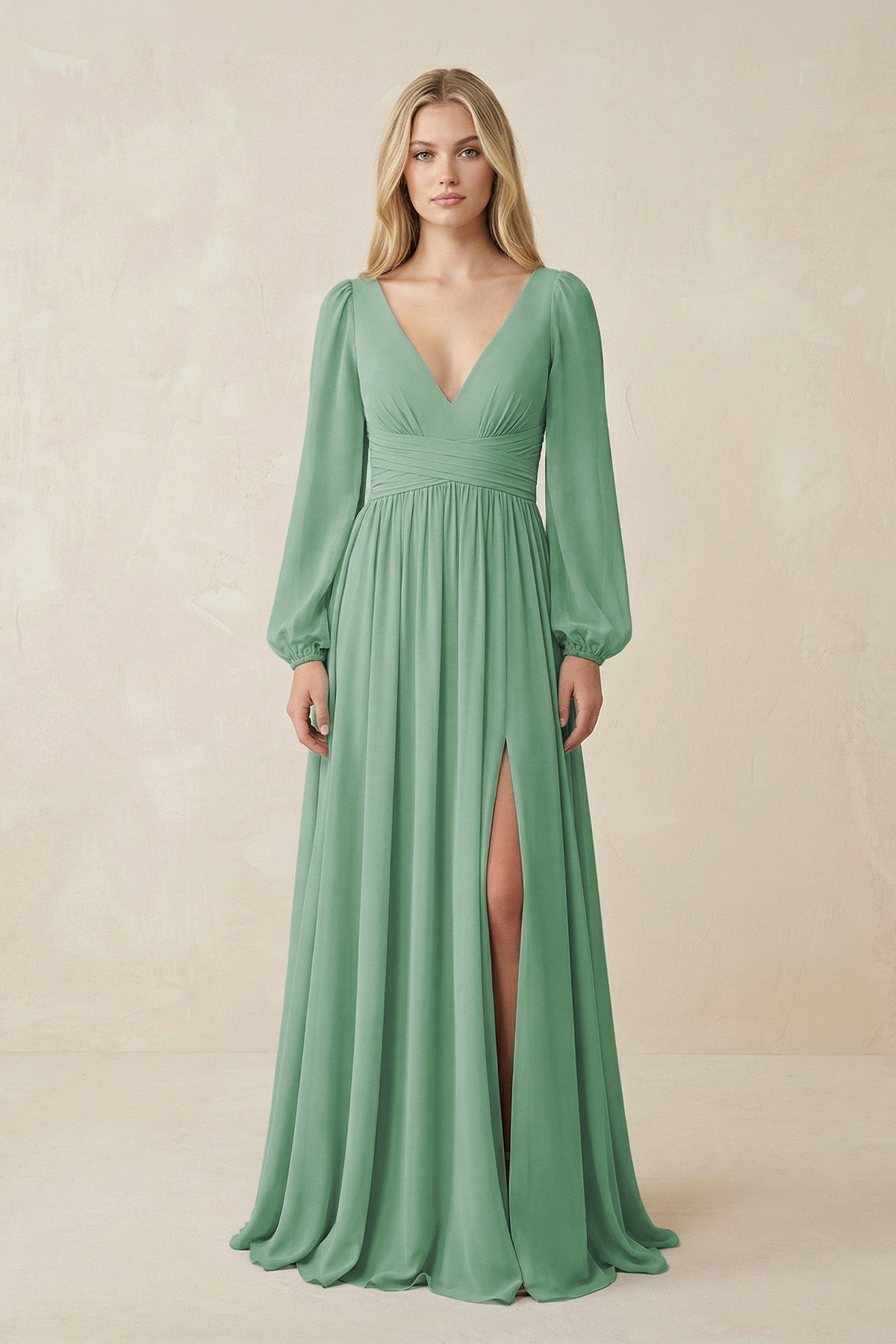 V-Neck Long Sleeve A-Line Chiffon Bridesmaid Dress in Sea Glass - Curvevia