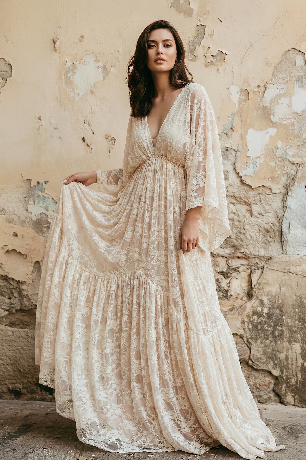 A-Line Plunging Neckline Lace Wedding Dress With Open Back - Curvevia
