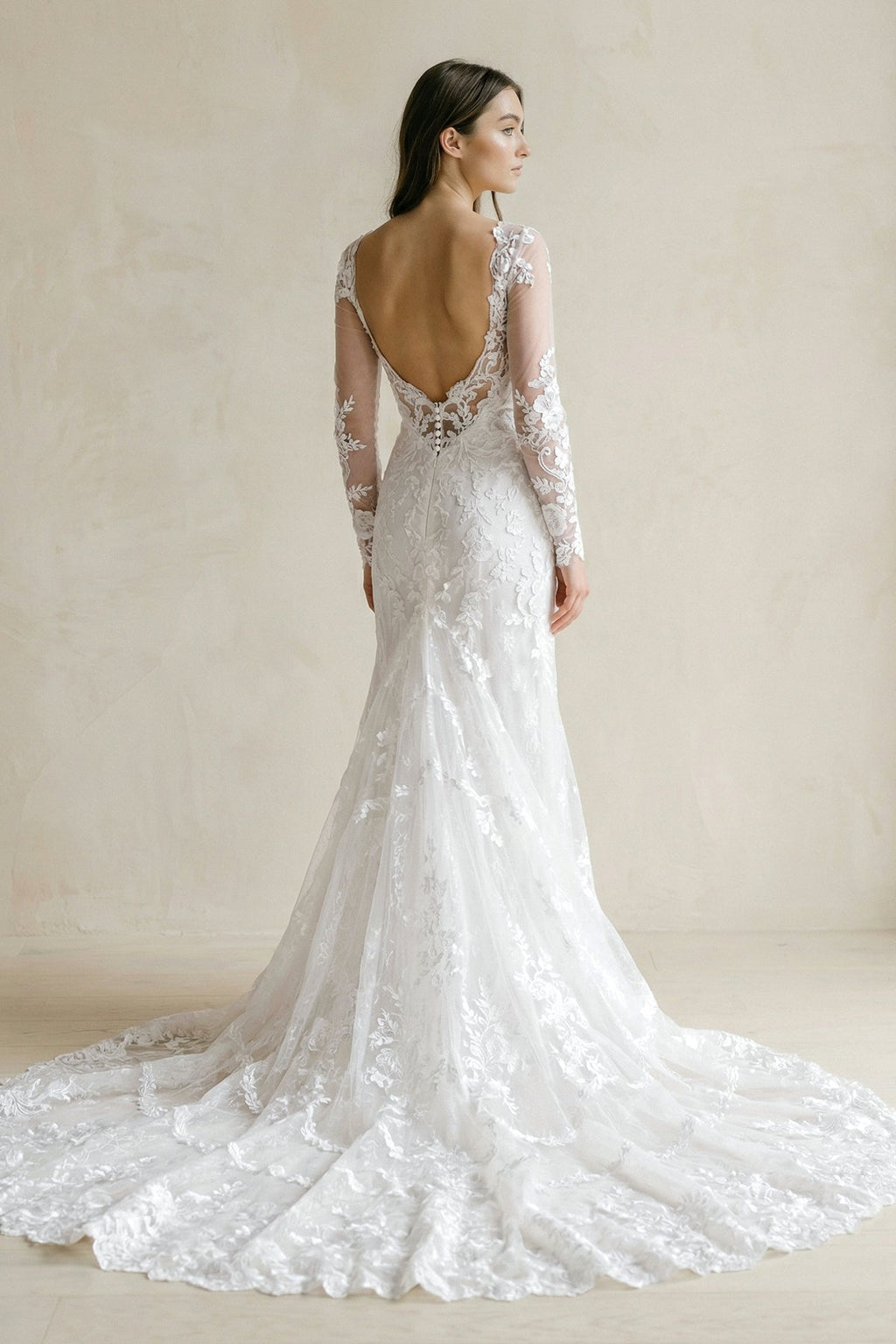 Lace Bohemian Deep-V Back Cathedral Train Wedding Dress - Curvevia