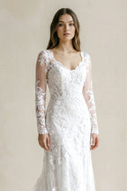 Lace Bohemian Deep-V Back Cathedral Train Wedding Dress - Curvevia