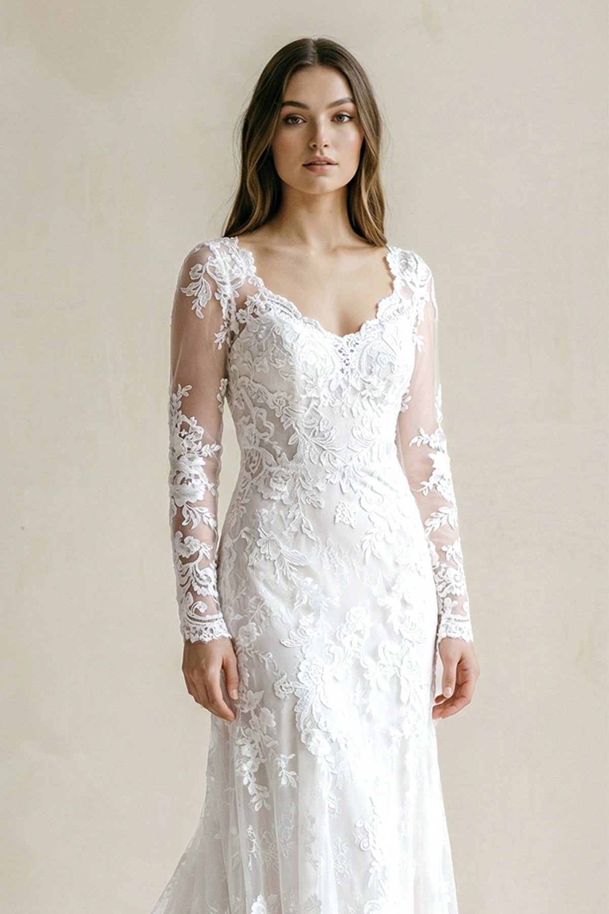 Lace Bohemian Deep-V Back Cathedral Train Wedding Dress - Curvevia