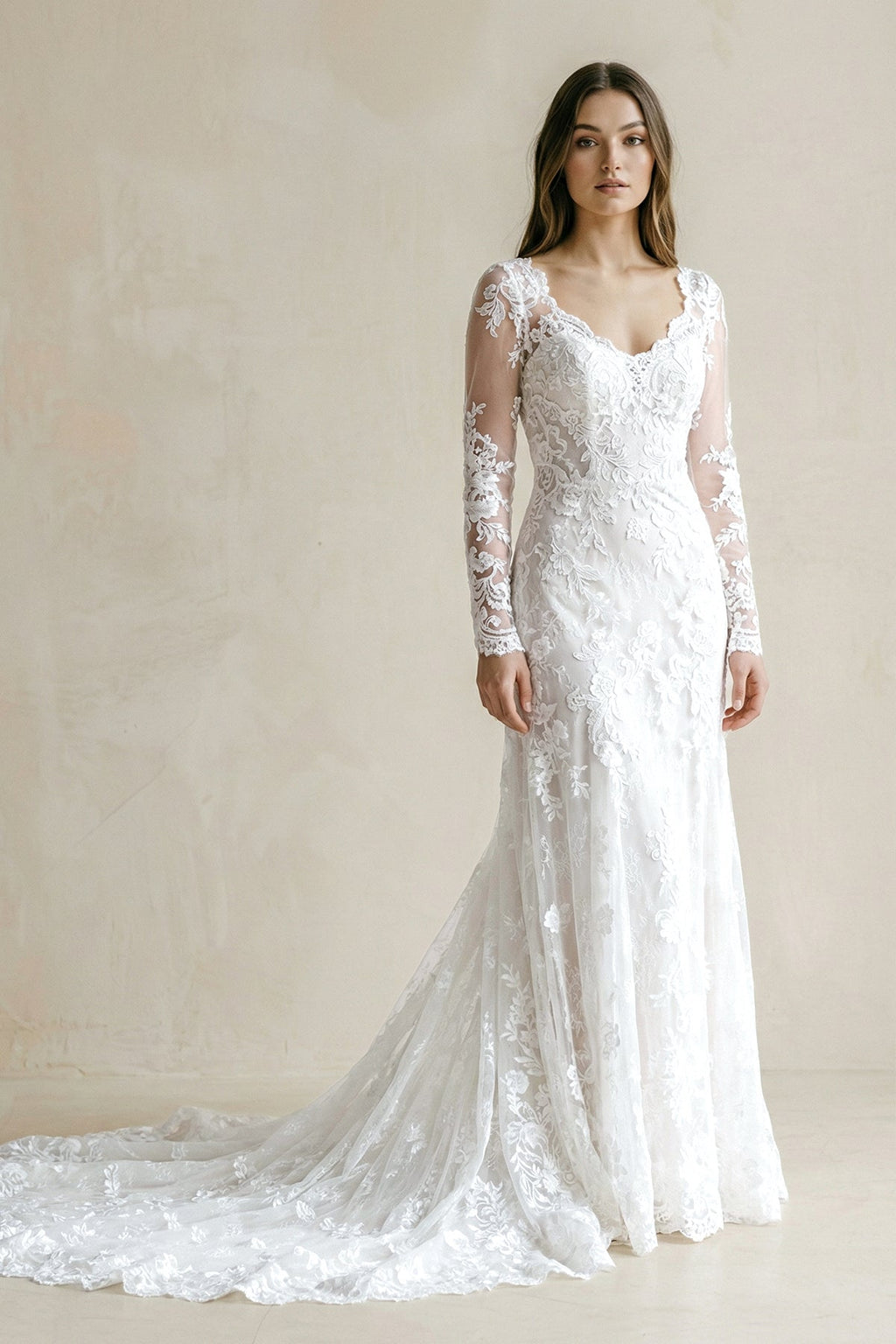 Lace Bohemian Deep-V Back Cathedral Train Wedding Dress - Curvevia