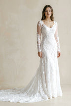 Lace Bohemian Deep-V Back Cathedral Train Wedding Dress - Curvevia