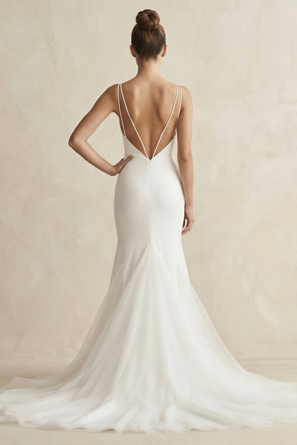 V-Neck Mermaid Satin Ruched Wedding Dress in White - Curvevia