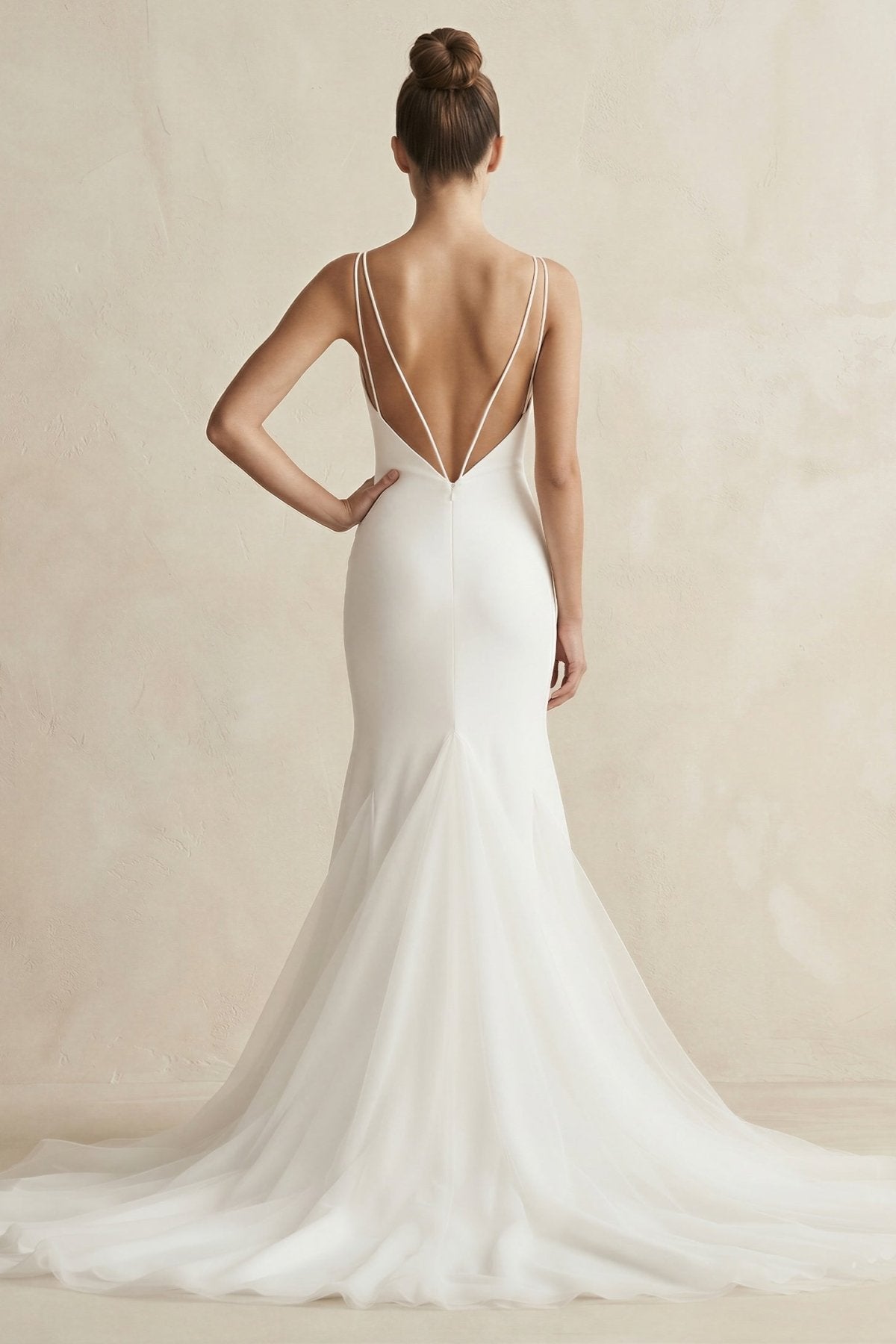 V-Neck Mermaid Satin Ruched Wedding Dress in White - Curvevia