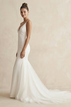 V-Neck Mermaid Satin Ruched Wedding Dress in White - Curvevia