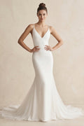 V-Neck Mermaid Satin Ruched Wedding Dress in White - Curvevia