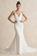 V-Neck Mermaid Satin Ruched Wedding Dress in White - Curvevia