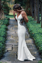 Long Spaghetti Straps Mermaid White Wedding Dress with Appliques - Curvevia