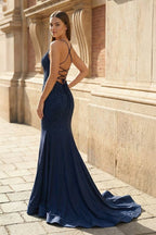 Mermaid V Neck Glitter Satin Evening Dress - Curvevia