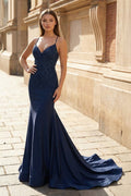 Mermaid V Neck Glitter Satin Evening Dress - Curvevia