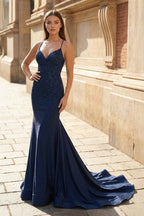 Mermaid V Neck Glitter Satin Evening Dress - Curvevia