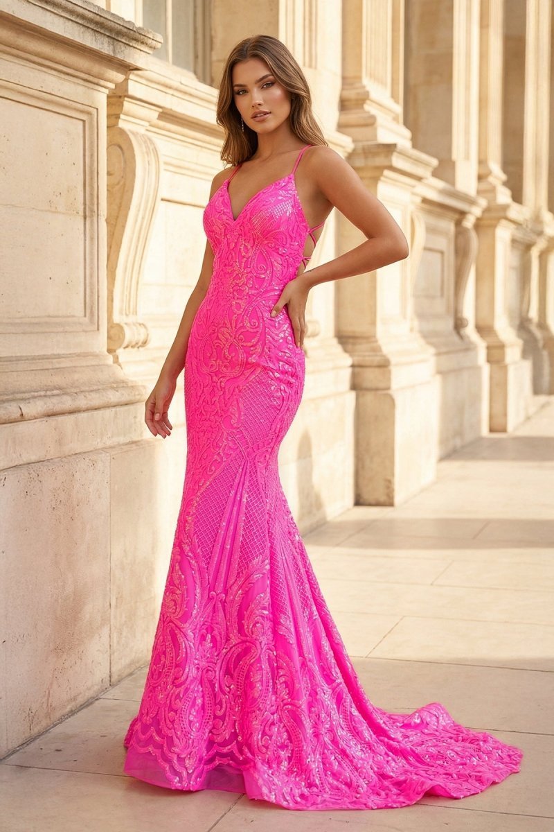 Spaghetti Straps Pink Glitter Backless Mermaid Bodycon Long Evening Dress - Curvevia