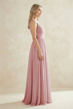 V-Neck Pleated A-Line Bridesmaid Dress in Dusty Rose - Curvevia