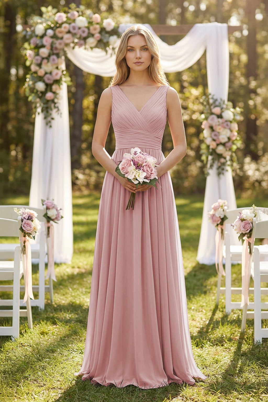 V-Neck Pleated A-Line Bridesmaid Dress in Dusty Rose - Curvevia