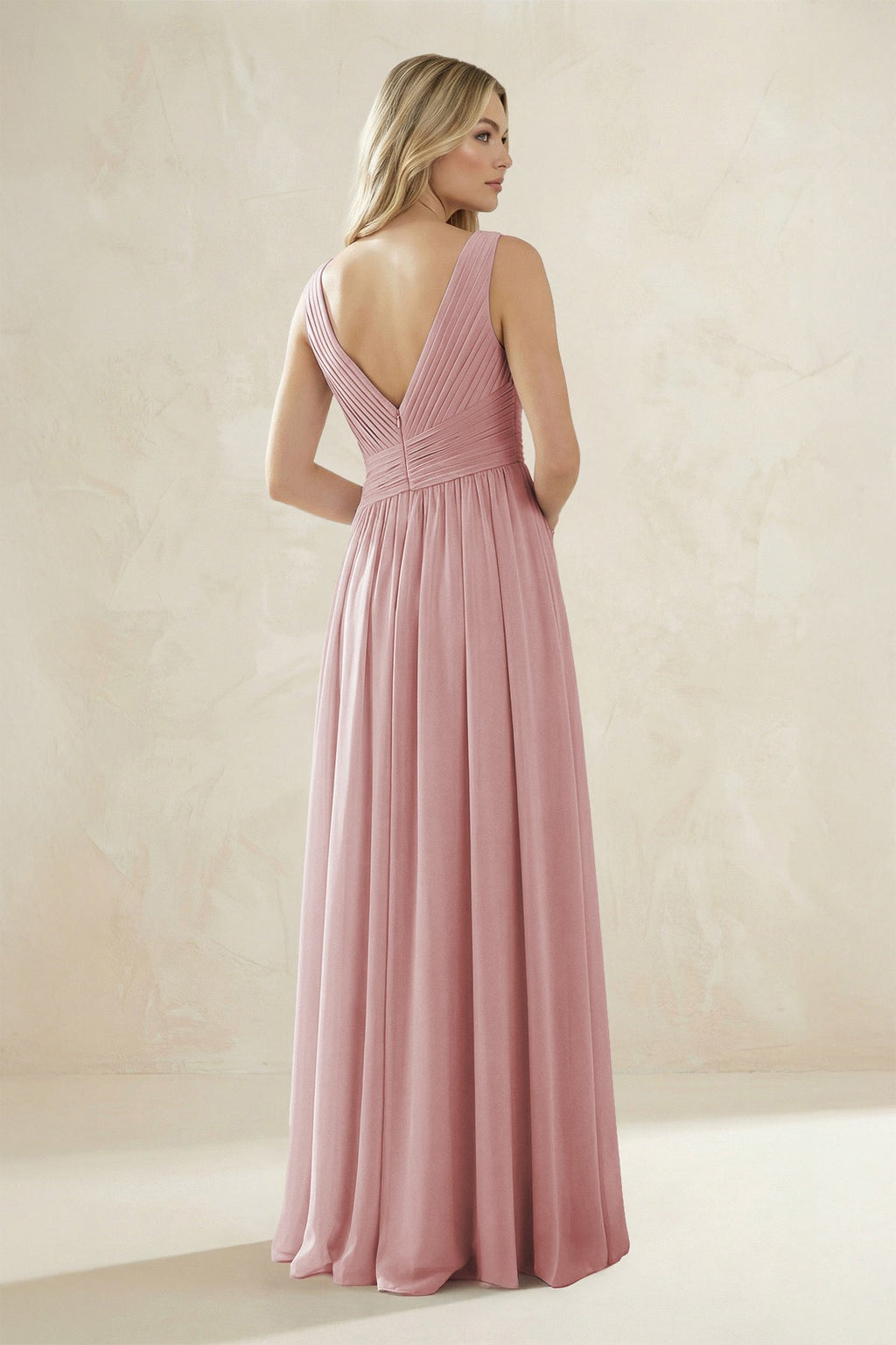 V-Neck Pleated A-Line Bridesmaid Dress in Dusty Rose - Curvevia