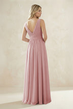 V-Neck Pleated A-Line Bridesmaid Dress in Dusty Rose - Curvevia