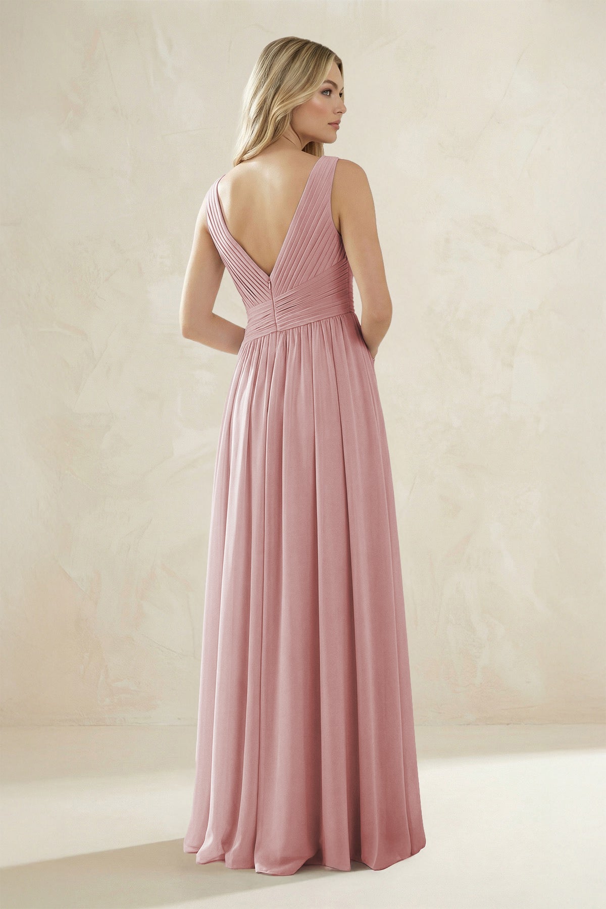 V-Neck Pleated A-Line Bridesmaid Dress in Dusty Rose - Curvevia