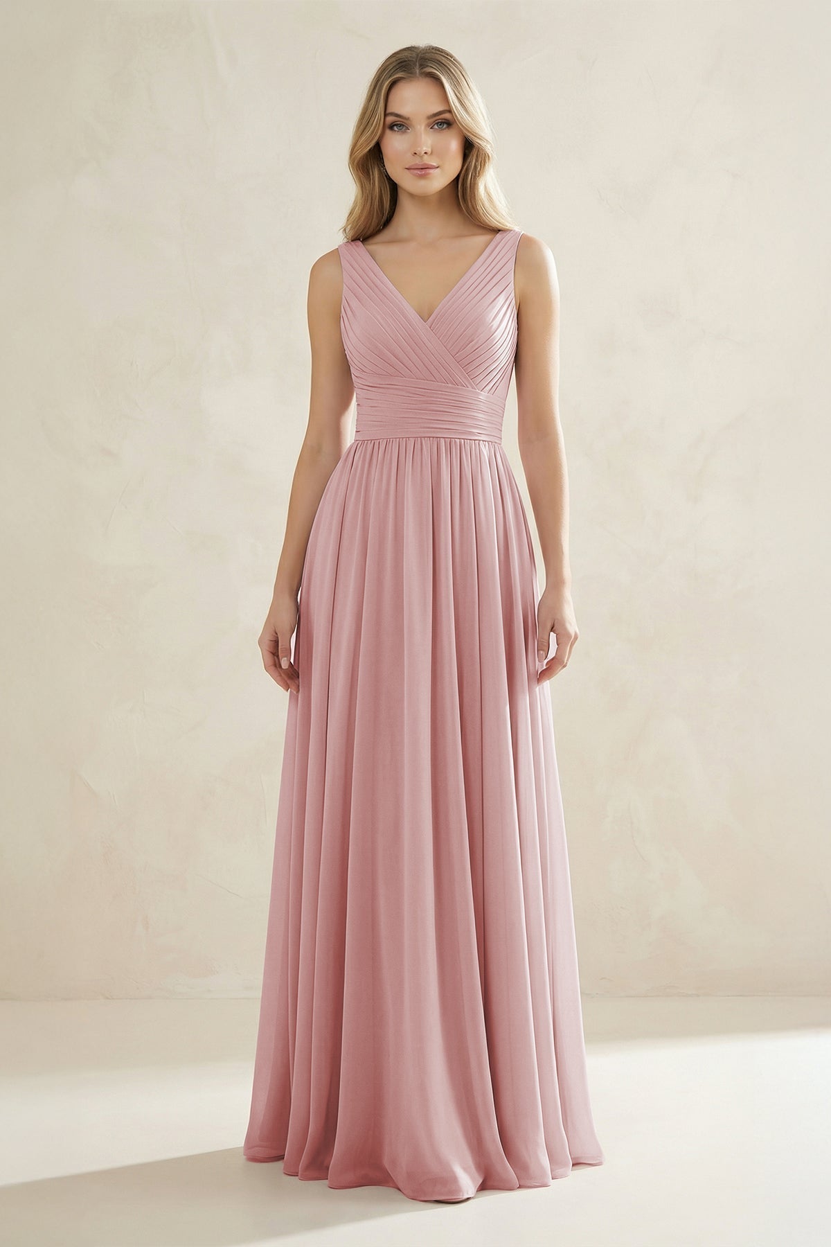 V-Neck Pleated A-Line Bridesmaid Dress in Dusty Rose - Curvevia