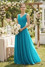 A-Line V-Neck Pleated Chiffon Bridesmaid Dress in Blue Jay - Curvevia