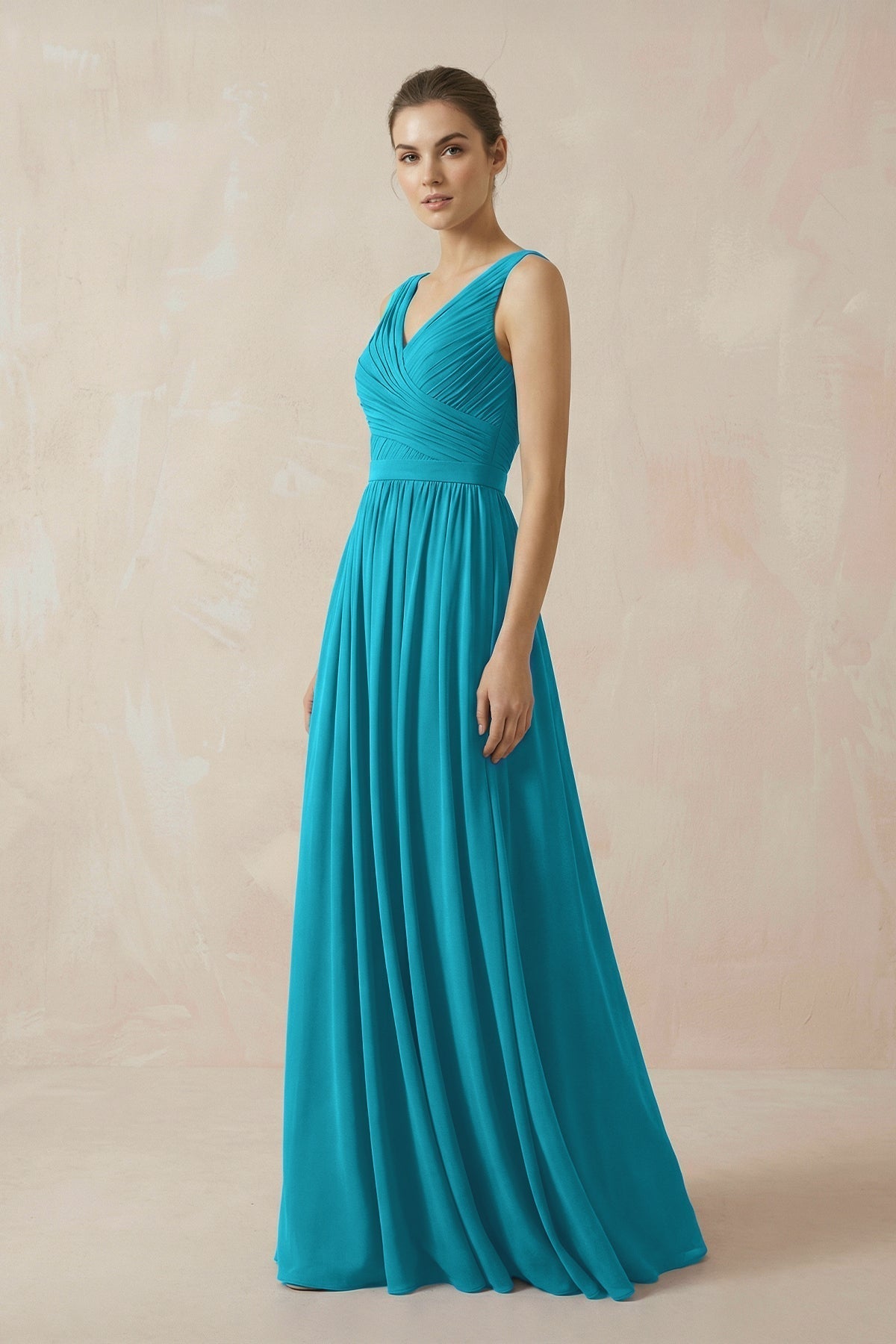 A-Line V-Neck Pleated Chiffon Bridesmaid Dress in Blue Jay - Curvevia